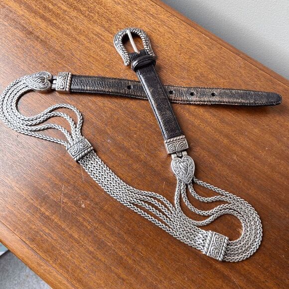 Brighton Vintage Black Leather & Silver Chain Belt Western Heart Buckle 34\